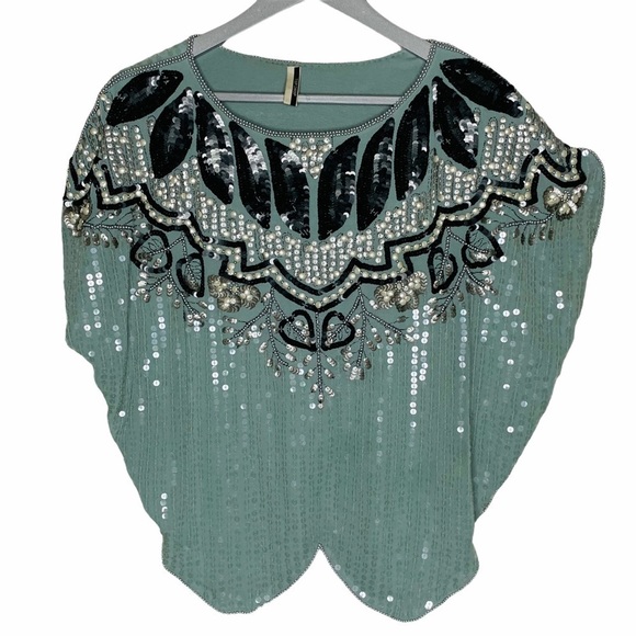 VTG Top Shop Flapper Great Gatsby Teal Blue Beaded Sequin Short Sleeve Tunic 2 - Picture 3 of 16